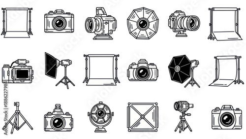 Photography equipment illustration cameras lights and backdrops in vector style