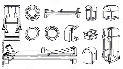 Pilates equipment collection illustrated line art for exercise and fitness