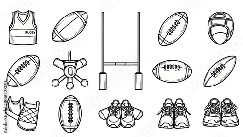 Rugby equipment illustrations balls goalposts helmets and gear isolated