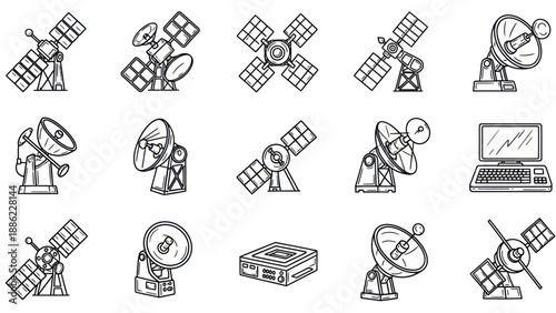 Satellite dish and space communication devices vector illustrations