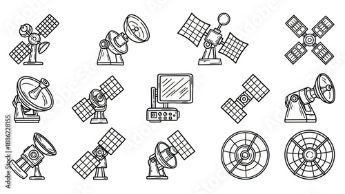 Satellite dish collection vector illustrations for communication technology