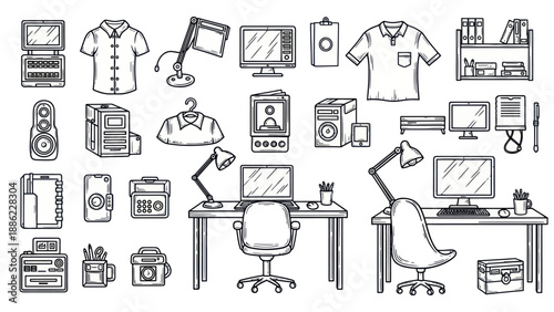 Office workspace with desk accessories and business elements illustration