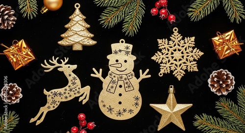 Festive Christmas Decorations on Black Background