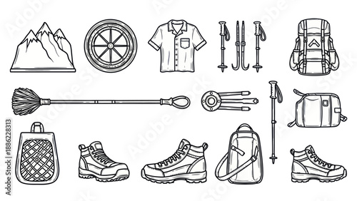 Outdoors adventure gear vector set mountains hiking boots backpacks and more