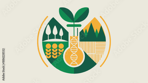 A conceptual flat design illustration depicting sustainable agriculture and biotechnology, blending natural landscapes with genetic research for future food innovation and environmental preservation