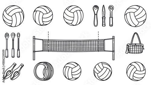 Line art volleyball equipment set with balls net and tools vector illustration
