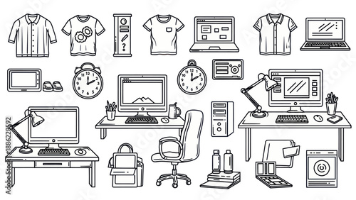 Line art workspace and office supplies vector illustration set