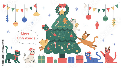 Festive Christmas Tree Decorated with Ornaments and Adorable Cats Wearing Santa Hats and Reindeer Antlers