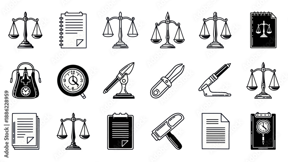 Fototapeta premium Legal and law elements in monochrome vector illustration set