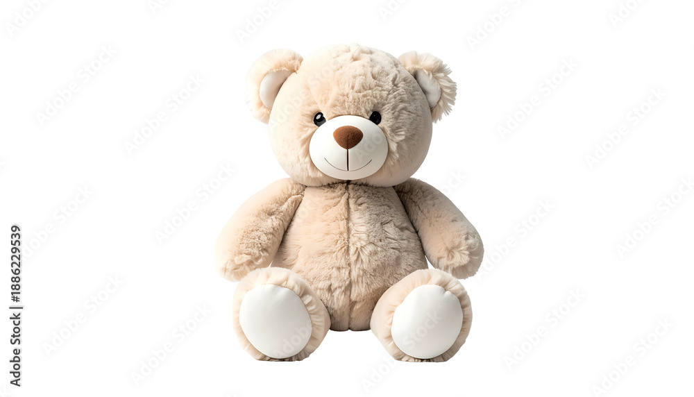 Fototapeta premium A fluffy, tan teddy bear sits against a solid black background, smiling