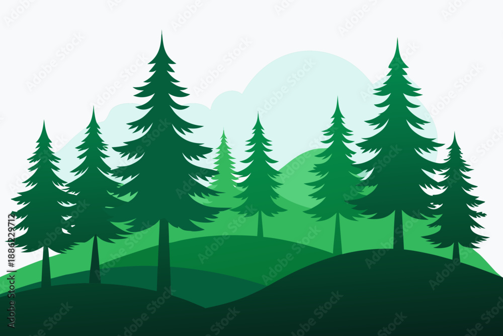 Fototapeta premium Forest Hill Landscape Vector with Pine Trees