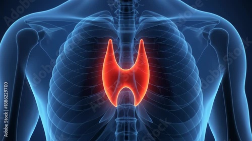 Medical visualization of human thymus gland highlighted red within blue transparent torso showing skeletal structure and thoracic cavity anatomy.
