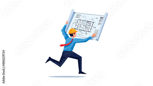 Architect Running with Blueprint - Vector Illustration