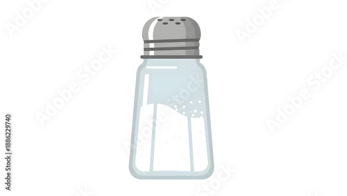 A clean and simple vector illustration of a glass salt shaker with a metallic lid filled with white table salt