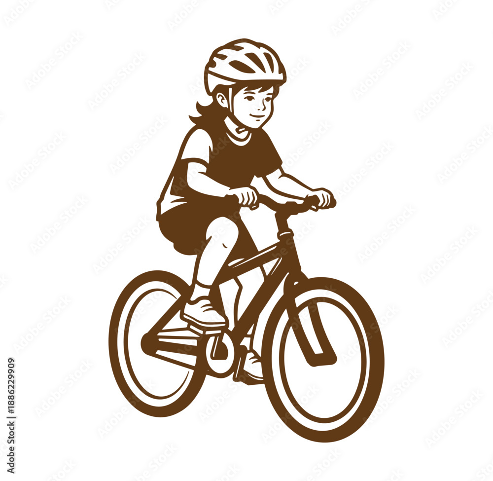 Obraz premium Young girl wearing a helmet rides bicycle simple vector illustration for safety concept