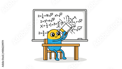 Erasing Equations: Cute Cartoon Character Solving Math Problems