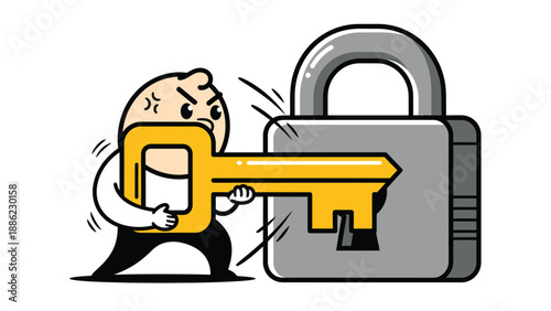 Cartoon Character Trying to Open Padlock with Key - Security