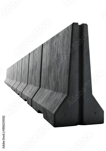 hyper-detailed, low-angle studio shot of a long row of weathered industrial concrete jersey barriers (k-rails) on gray floor against infinite white background, concept of absolute restriction and