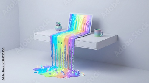 Vibrant rainbow liquid pouring from computer screen onto floor in modern workspace