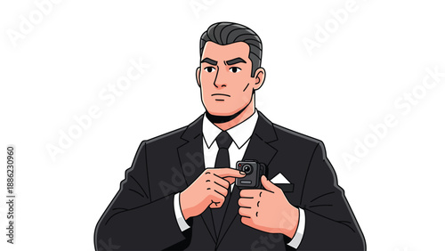 Man in Suit Pulling Device from Pocket - Vector Illustration
