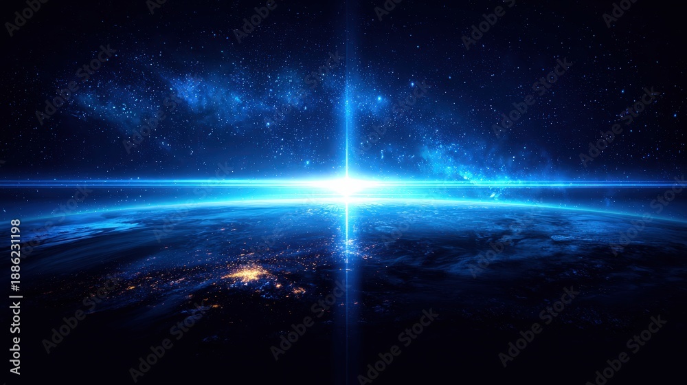 Fototapeta premium A stunning view of Earth from space, illuminated by cosmic light, surrounded by a vast starry sky, conveying a sense of wonder and the beauty of the universe.