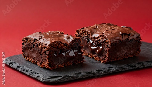 Baked chocolate brownie highlighting moist texture for pastry display, created with generative ai