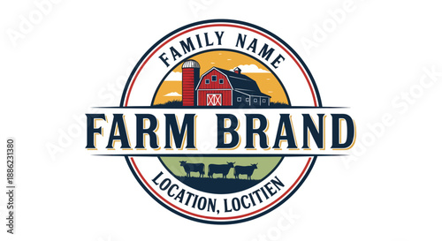 Vintage Farm Brand Logo with Barn Silhouettes and Livestock for Agricultural Business.