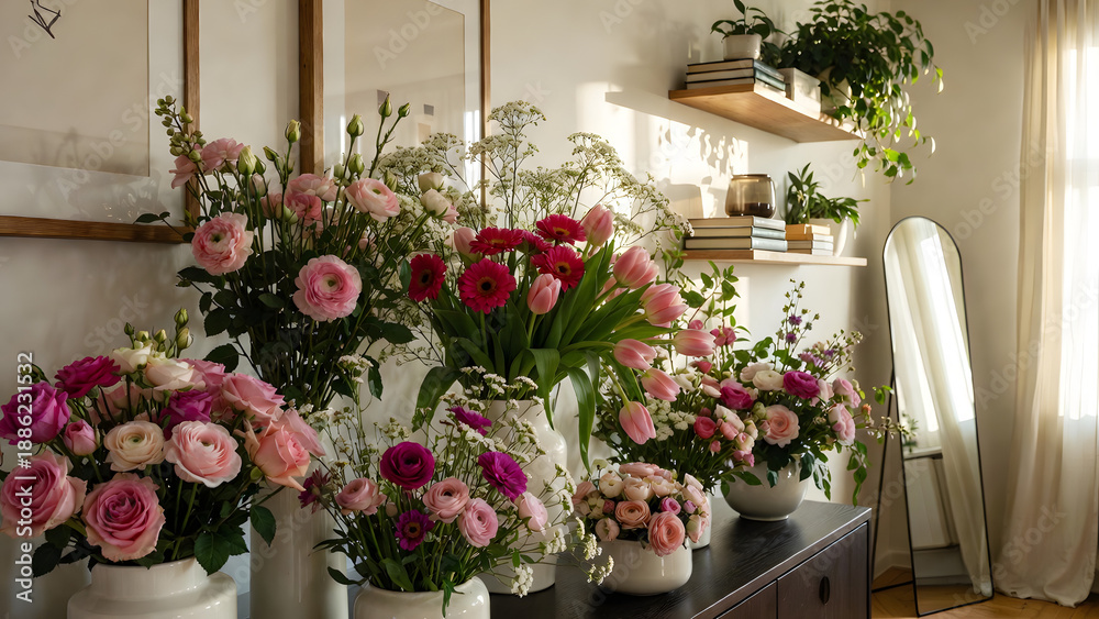 Fototapeta premium Cozy Home Interior with Fresh Flower Arrangements and Natural Light
