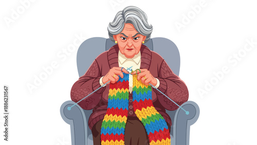 Grumpy Granny Knitting a Colorful Scarf: Illustration