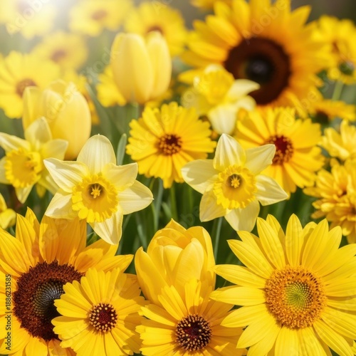 A vibrant display of yellow flowers in full bloom.