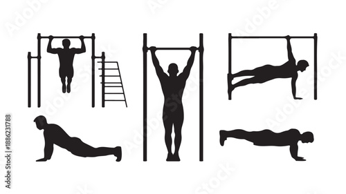 Silhouette of man doing various exercises in minimalist style with high contrast lighting on white background for fitness illustration