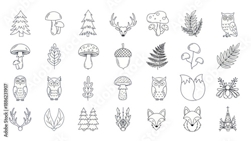 Whimsical Forest Icons: Animals, Plants, Mushrooms, Deer Antlers, Owls