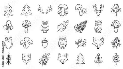 Whimsical Forest Icons: Hand-Drawn Animals, Plants, and Fungi for Nature Designs