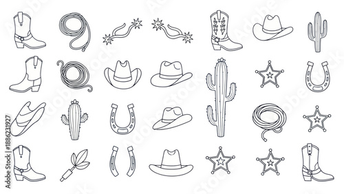 Wild West Cowboy Icon Set: Boots, Hats, Cactus, Lasso, Horseshoe, Sheriff Star