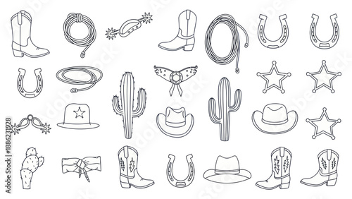 Wild West Cowboy Icon Set: Boots, Hats, Cactus, Lasso, Horseshoe, Sheriff Star