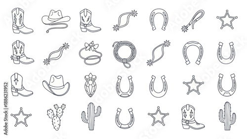 Wild West Icons Collection: Cowboy Boots, Hats, Horseshoes, Cactus, Rope, Spurs, Sheriff Star