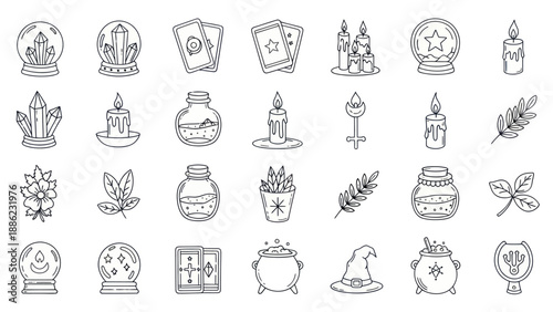 Witchcraft and Magic Symbols - Crystal Ball, Potion, Candle, Tarot, Cauldron, Hat