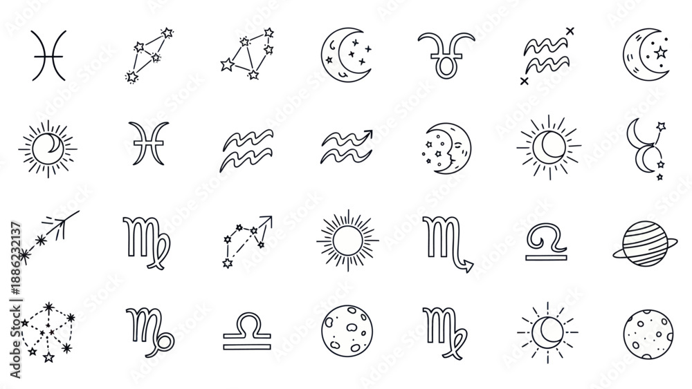 Fototapeta premium Zodiac Signs Constellations Moon Sun Icons Set - Astrology Symbols Vector Art