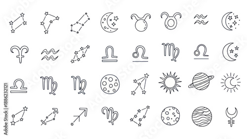 Zodiac Signs Constellations Celestial Bodies Icons Set
