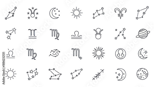 Zodiac Signs Constellations Moon Sun Planet Icons Set