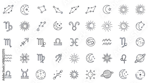 Zodiac Signs Icons Constellations Moon Sun Astrology Symbols Collection