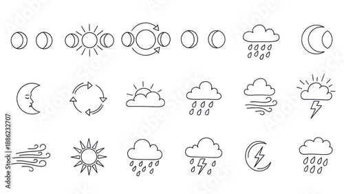 Weather Icons: Sun, Moon, Clouds, Rain, Wind, Lightning, Phases