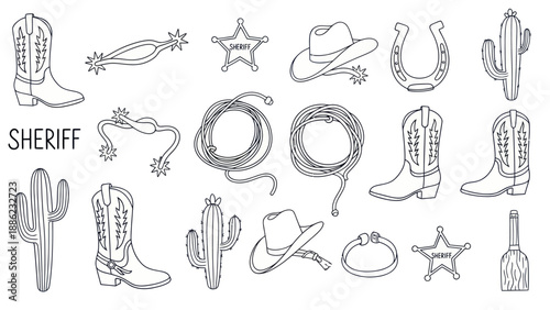 Western Cowboy Elements: Boots, Hats, Cactus, Lasso, Sheriff Badge, Horseshoe