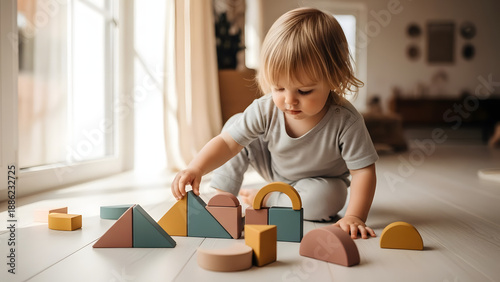 Adorable Toddler Sitting on Sunlit Floor Playing with Colorful Sustainable Wooden Geometric Building Blocks for Early Development.