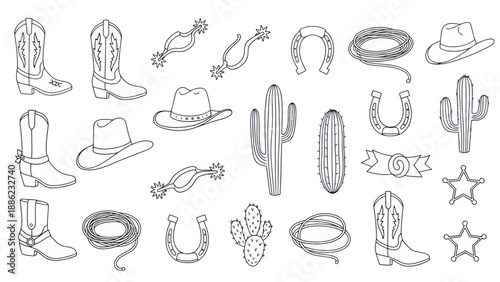 Western Cowboy Elements Collection: Boots, Hats, Cacti, Horseshoes, Lasso, Spurs