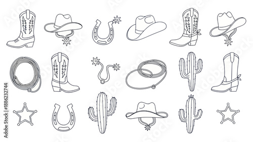 Western Cowboy Elements Collection: Boots, Hats, Cacti, Horseshoes, Lasso, Sheriff Star