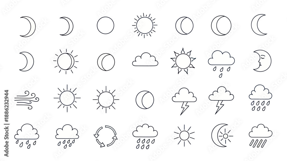 Fototapeta premium Weather Icons Collection: Sun, Moon, Clouds, Rain, Wind, Lightning, Cycle