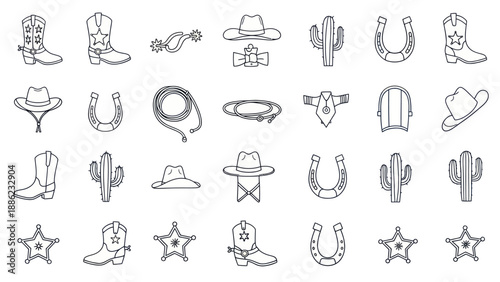 Western Cowboy Icons: Boots, Hats, Horseshoes, Cacti, Lasso, Sheriff Star