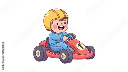 Happy Kid Driving Red Go Kart with Yellow Helmet, Cartoon Style