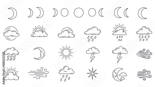 Weather Icons Set: Moon Phases, Sun, Clouds, Rain, Lightning, Wind, Stars